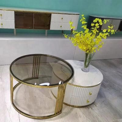 Luxury Round Coffee Table Sets Living Room Stainless Steel Furniture Marble Glass Side Table