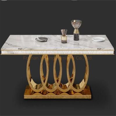 Hotel Event Furniture Steel Wire Modern White Coffee Table Luxury Golden Stainless-Steel Square Shape Dining Table