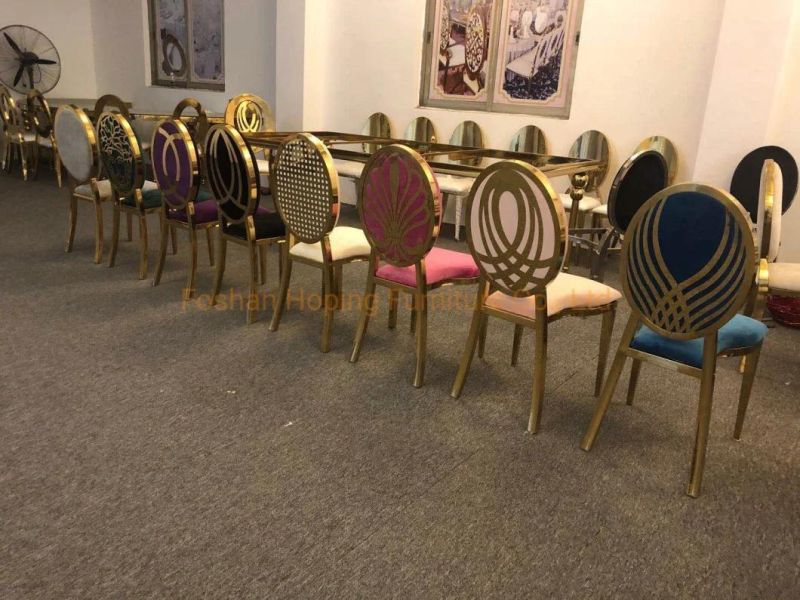 Modern Black Velvet Stainless Steel Round Back Club Wedding Chair Blossom Shape Golden Throne Dining Chair