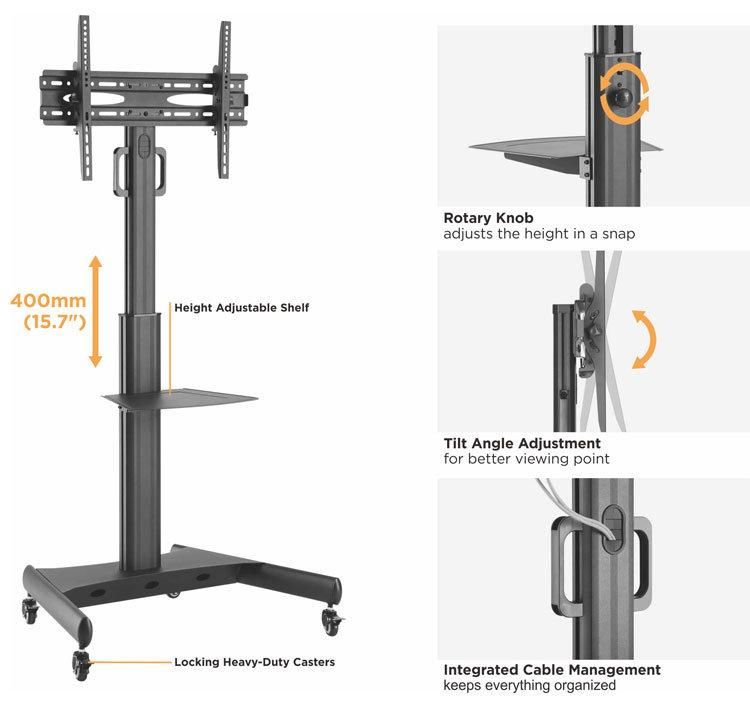 Modern Design Compact Free-Tilting Height Adjustable Aluminum TV Cart