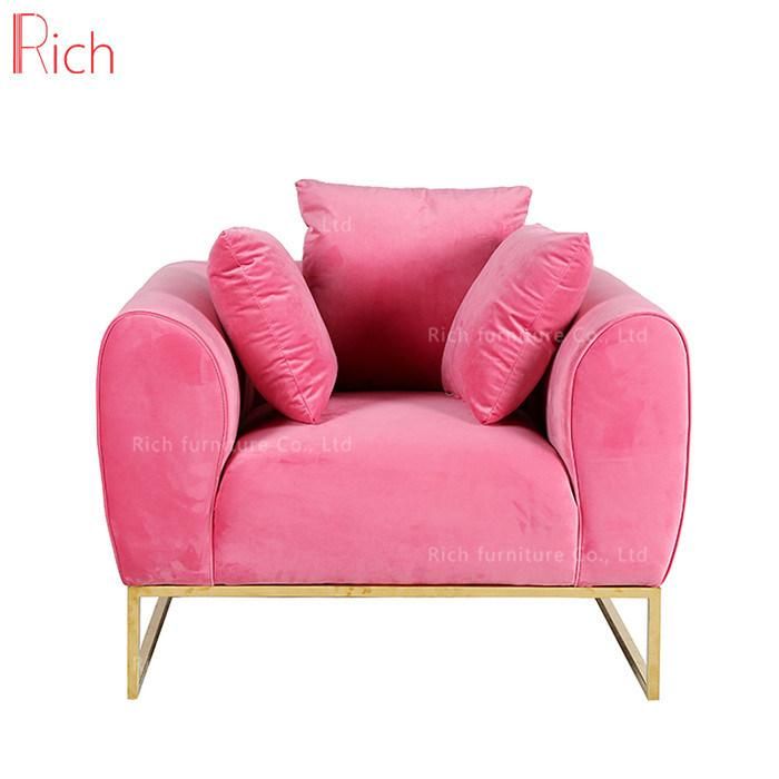 European Modern Home Furniture Living Room Fabric Velvet Sofa Set Leisure Couch Hotel Office Event Salon Armchair Sugar Pink Golden Base 1+2+3seat