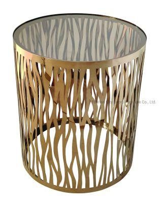 Laser Zebra Pattern Stainless Steel Gold Side Table with Glass Top