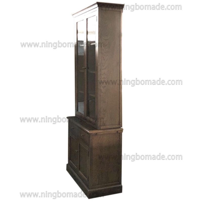 French Classic Provincial Vintage Furniture Coffee Brown Oak Two Glass Doors Hutch and Base Cabinet