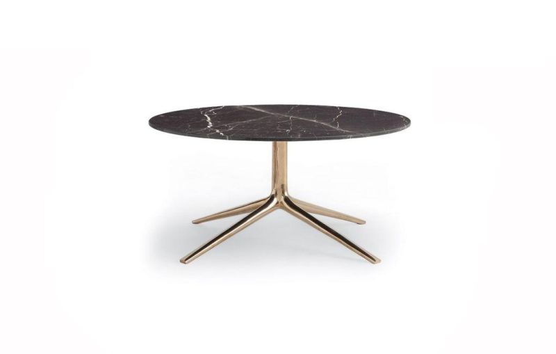 Mondrian, Small Round Coffee Tables, Polished Bronze-Casting - Die-Cast Painted Metal Base, Medium-Density Fibre Panel Veneered - Lacquer - Marble