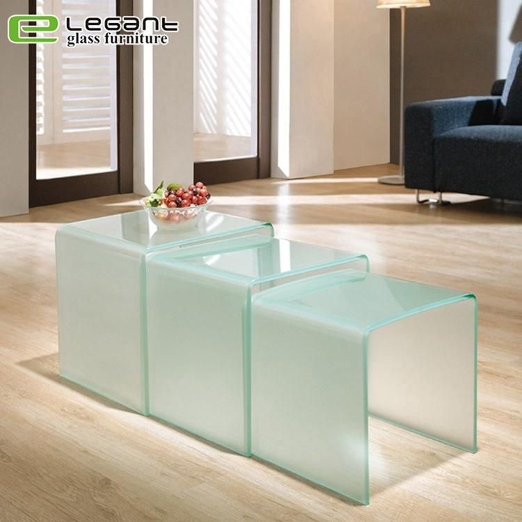 Blue Color Bent Glass Coffee Table / Glass Nesting Table