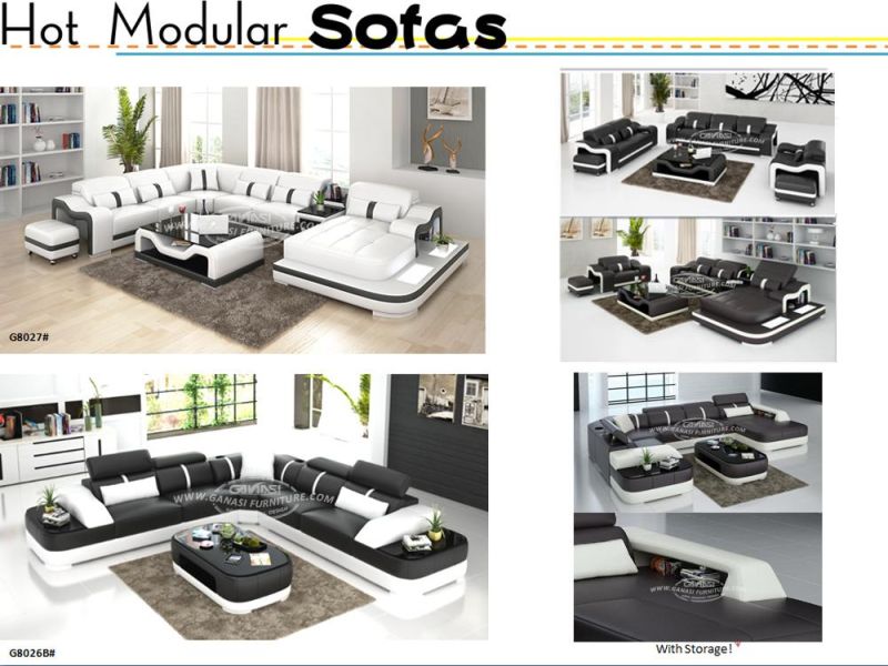 Office Custom Furniture Genuine Leather Living Room Sofa Set with Tea Table