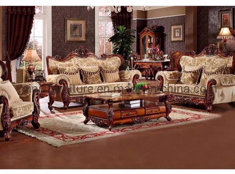 (MN-SF79) French Classic Home Living Room/Hotel Lounge Furniture Wood Fabric Sofa Set