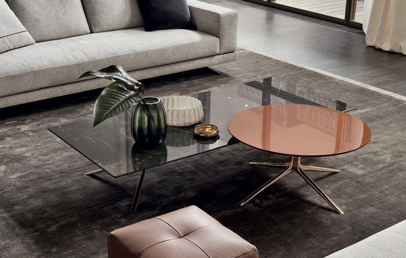 Mondrian, Small Round Coffee Tables, Polished Bronze-Casting - Die-Cast Painted Metal Base, Medium-Density Fibre Panel Veneered - Lacquer - Marble