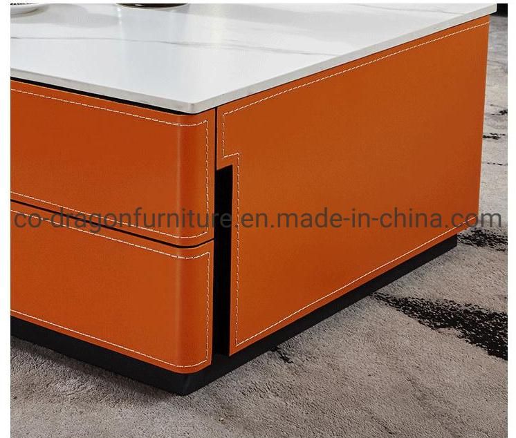 Luxury Living Room Furniture Leather Tea Table with Marble Top