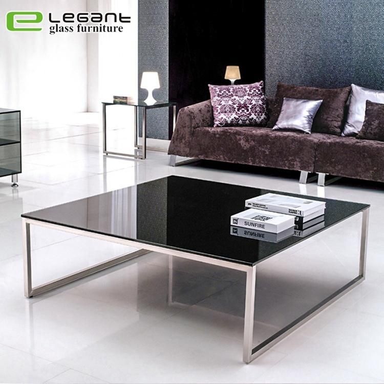 Modern Furniture Stainless Steel Based Black Top Glass Coffee Table