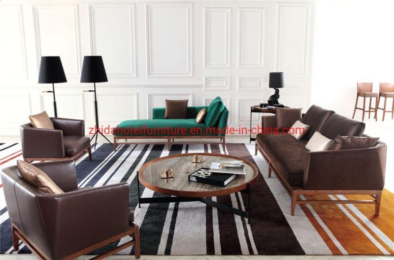 Walnut Wood Base Living Room Furniture Modern Leather Fabric Sofa