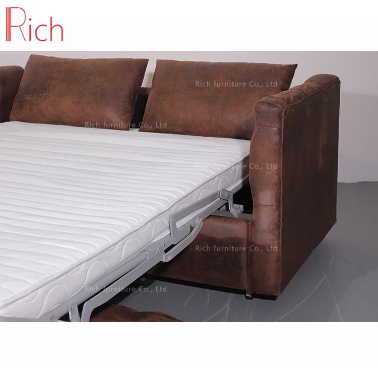 Living Bed Room Furniture Couch Vintage PU Leather Sofa Cum Bed with Metal Legs