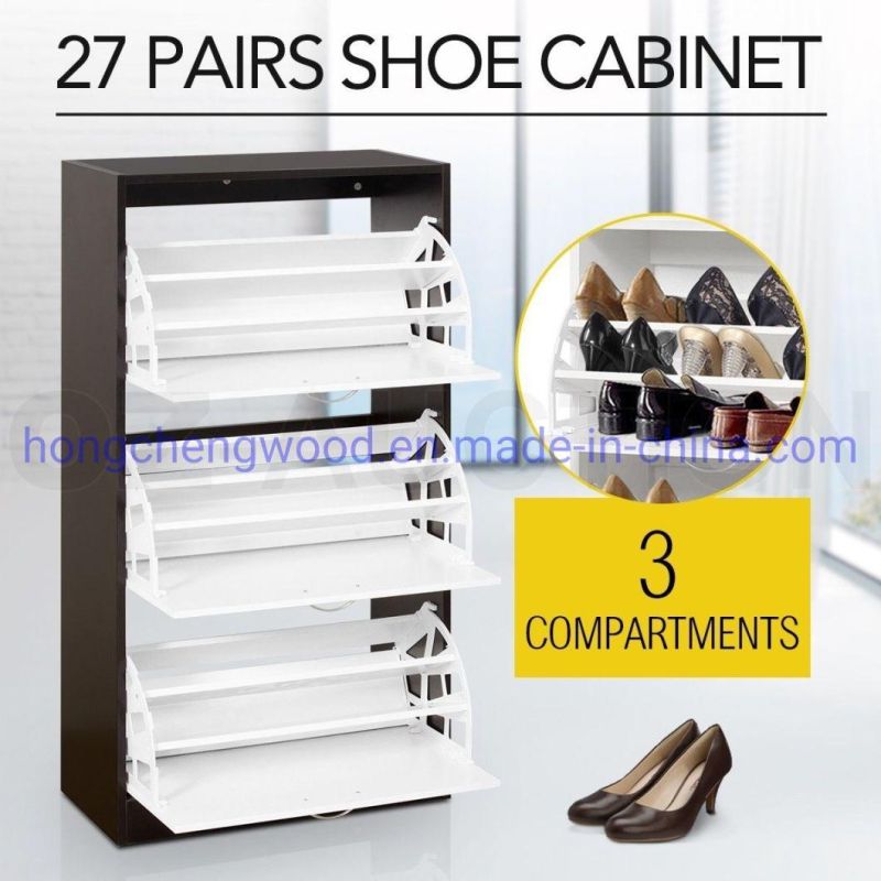 Walnut Color/Black/White Color Three Doors Shoe Cabinet