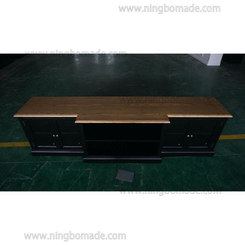 French Provincial Hunter Furniture Natural Oak Top Black Poplar Wood Base 4 Glass Doors TV Stand