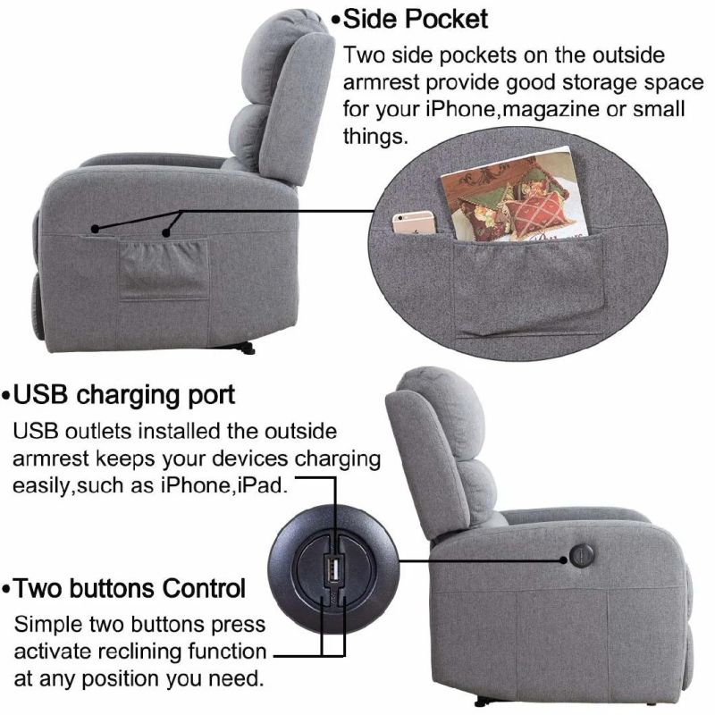 Jky Furniture Fabric Power Recliner Chair with Okkin Motor and USB Charger