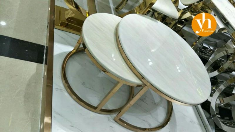 Modern Two Sets Sofa Table High Quality Coffee Round Marble Dining Table with 201 Stainless Steel Legs