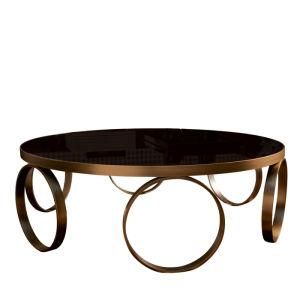 Modern Round Black Glass Coffee Table with Metal Circles Base