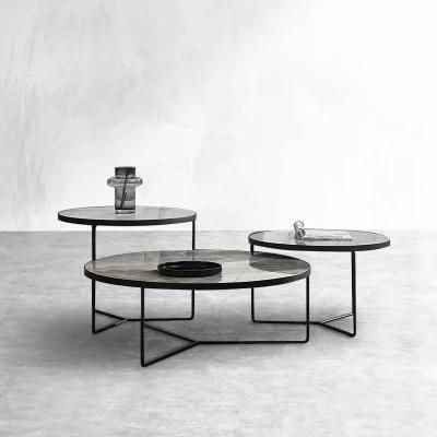 Metal Home Furniture Round Coffee Table Set for Living Room with Marble and Wooden Top