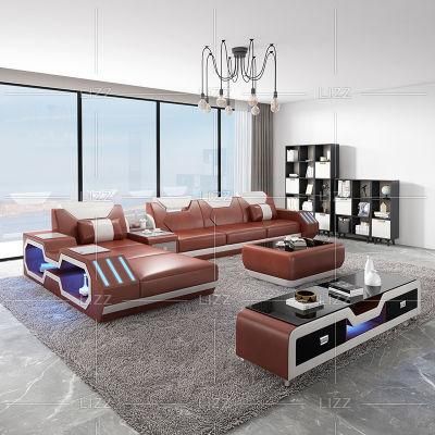 L Shape Living Room Home Modern Italian Genuine Leather Sectional LED Sofa