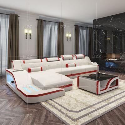 Modern Living Room L Shape Sectional Italian Genuine Leather LED Lights Sofa Set