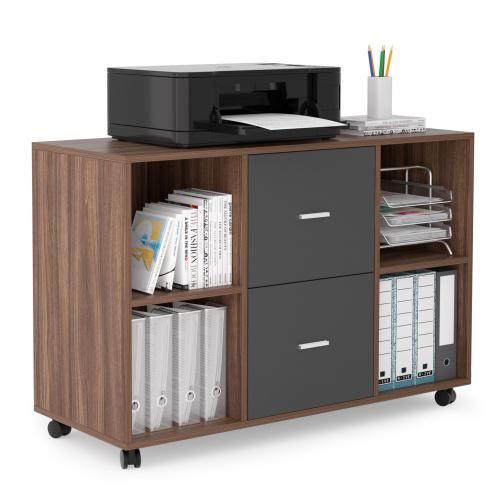 Mobile Filing Cabinet with 2 Drawers and 4 Open Storage Cabinets, , Walnut-Dark Gray