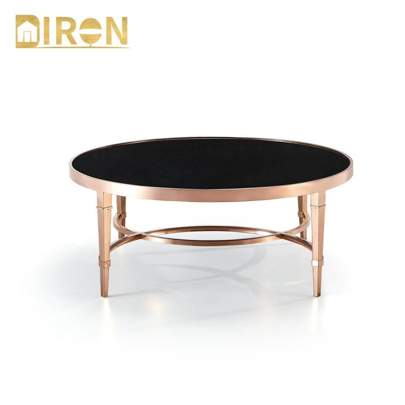 Modern Home Living Room Furniture Black Color Tempered Glass Rose Gold Stainless Steel Coffee Table