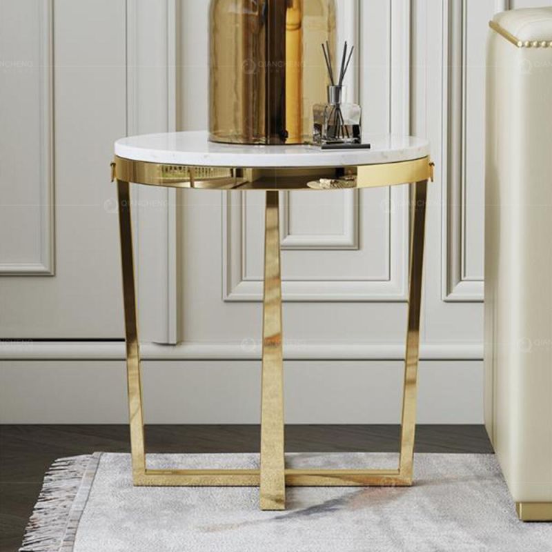 White Marble Top Gold Stainless Steel Modern Sidetable