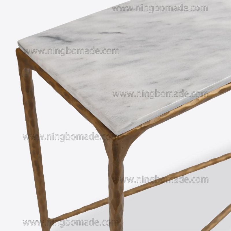 Rustic Hand Hammered Collection Furniture Forged Solid Iron Metal with Brass Color Thick Nature White Cloud Marble Rectangle Side Table