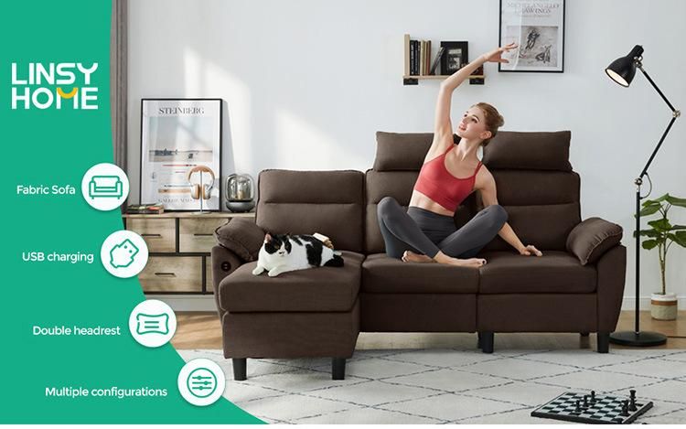 Linsy Brown Teal Reversible Sectional Couch L-Shaped 3-Seat Sofa with USB Charging Lh012sf1