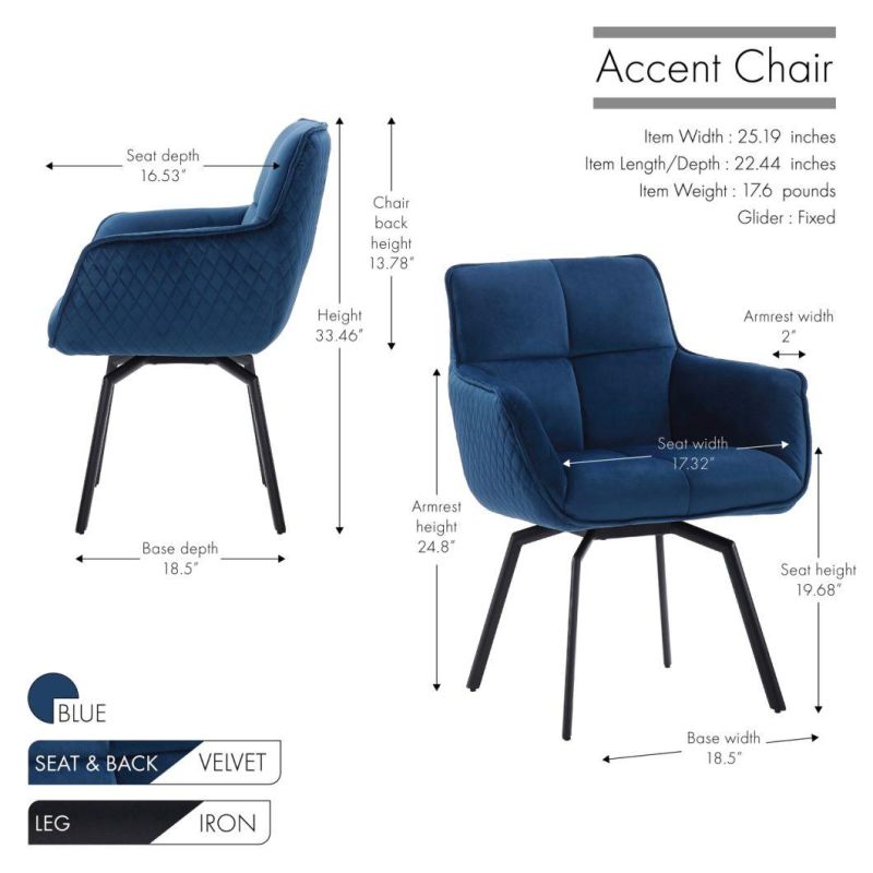 Hot Sale Square Oversize Upholstered Luxury Banquet Armrest Accent Chair Blue Velvet Living Room Leisure Chair with Metal Legs