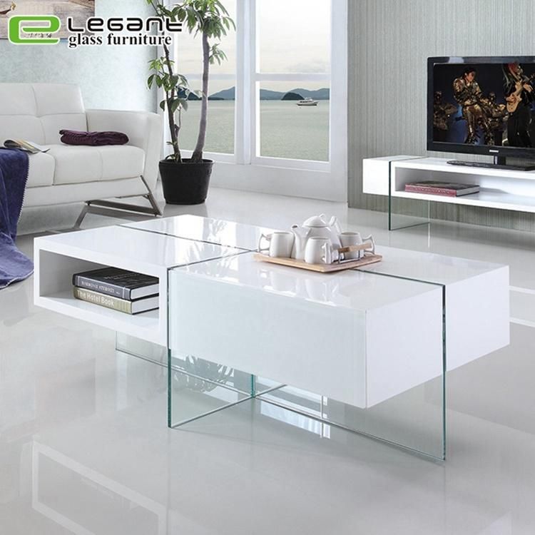 Glass Side Table with MDF in High Gloss White Color