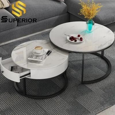 Black Metal Round Marble Nesting Coffee Table with Drawer