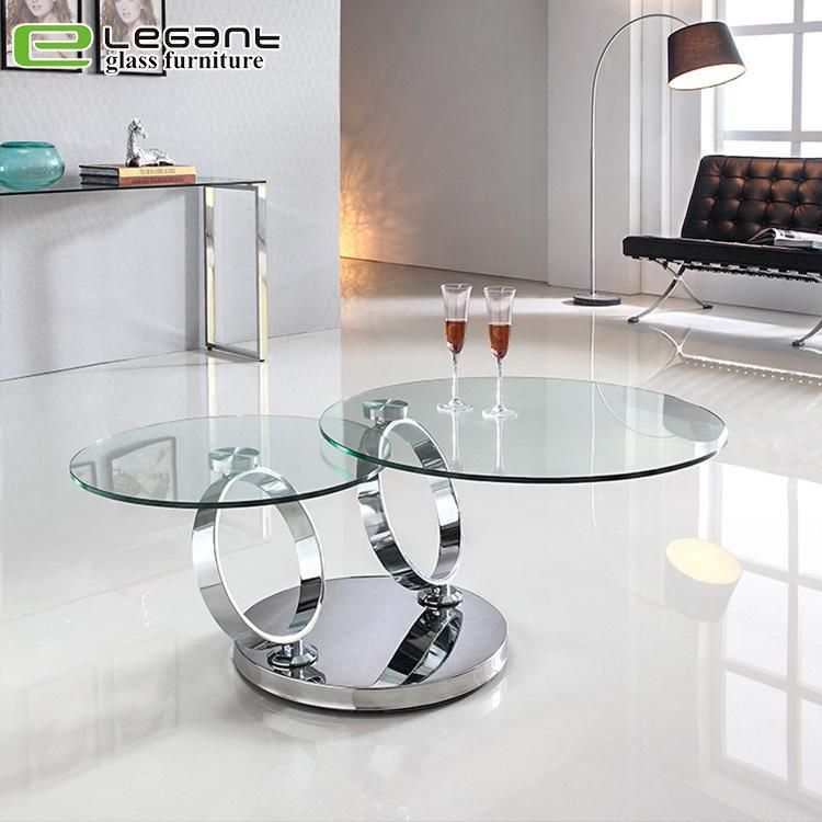 Rotatable Tempered Glass Coffee Table with Stainless Steel Base