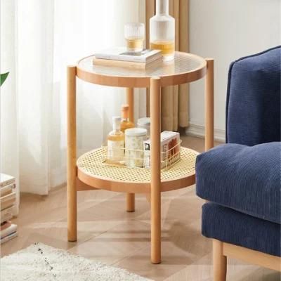 Side Table, Coffee Table with Hand-Woven Rattan and Glass Tops