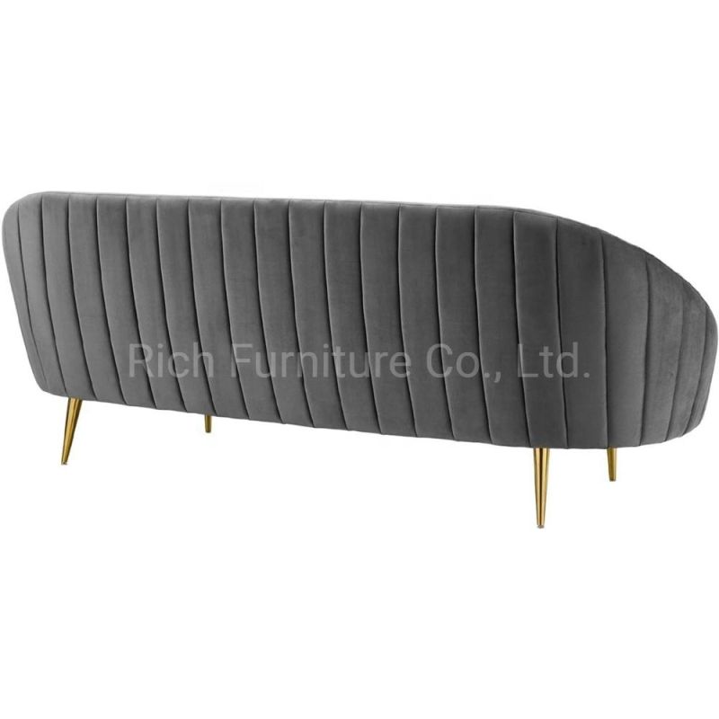 Factory Wholesale Leisure Living Room Grey Velvet Fabric Sofa with Gold Metal Legs