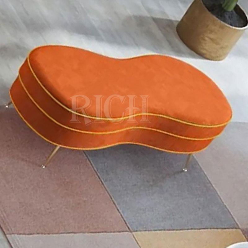 Orange Ottoman Upholstered Luxury Sofa Bench Gold Legs Entrance Stool Velvet Bench