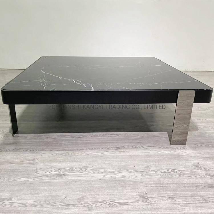 Living Room Coffee Table Modern Black Marble Centre Table with Wood Frame Stainless Steel Legs Restaurant Coffee Tables