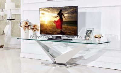 V Shape Modern Simple Style Stainless Steel Living Room Clear Glass Top TV Stand