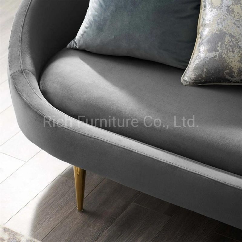 Factory Wholesale Leisure Living Room Grey Velvet Fabric Sofa with Gold Metal Legs