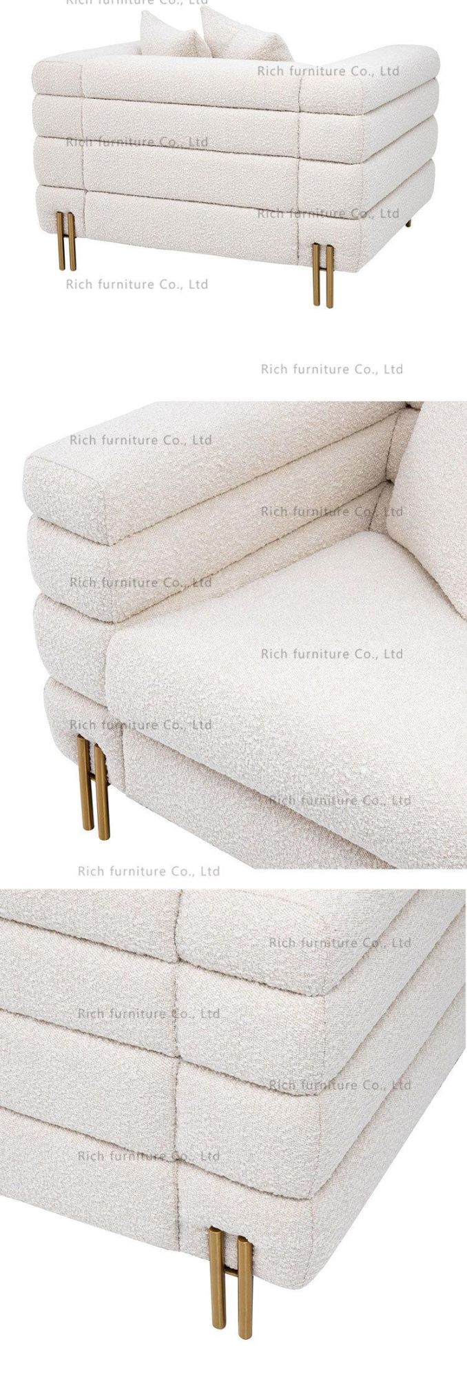 Golden Metal Legs Teddy Fabric Couch White Boucle Single Sofa