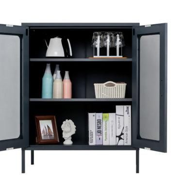 Modern Black Steel Storage Metal Cabinet with Mesh Door for Home Use