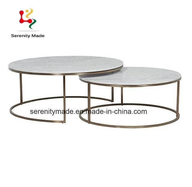 Modern Furniture Metal Marble 2 Piece Nest Round Table Coffee Table Set
