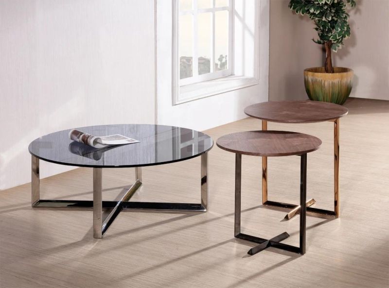 New Design Square Steel Coffee Tables with Two Layers Tempered Glass & Veneer Top Home Furniture