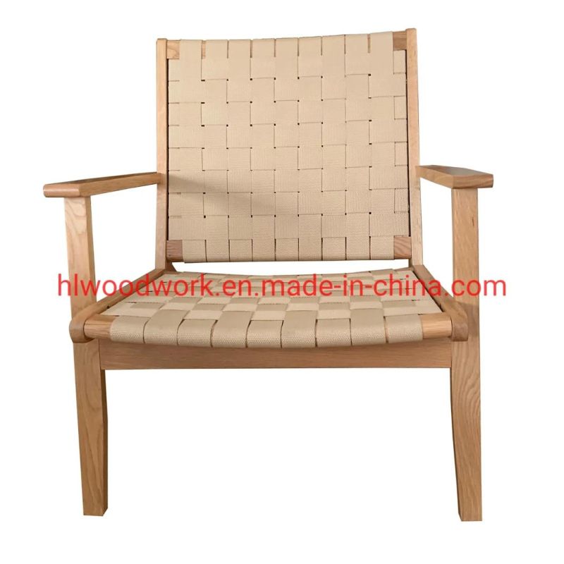 Saddle Chair Fabric Strip Woven with Arm, Ash Wood Frame Natural Color with Woven Fabric Strip Leisure Chair Furniture Armchair Living Room Armchair