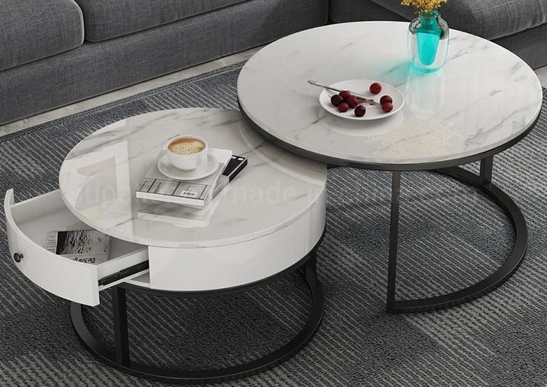 Black Metal Round Marble Nesting Coffee Table with Drawer