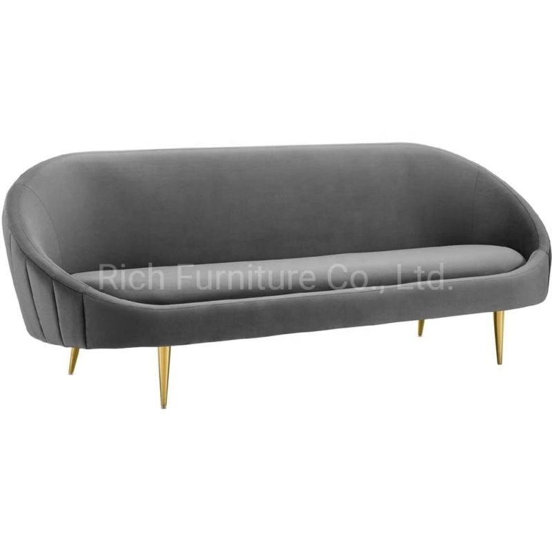 Factory Wholesale Leisure Living Room Grey Velvet Fabric Sofa with Gold Metal Legs