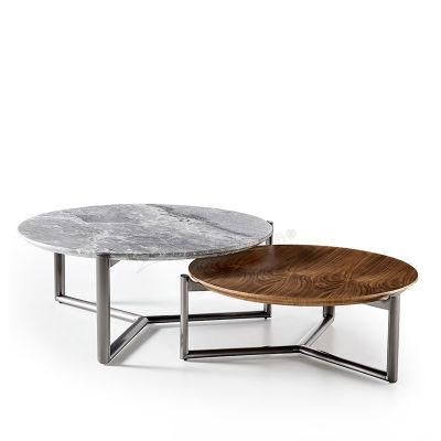 Contemporary Metal Home Furniture Wooden Round Coffee Tea Table Set with Marble Top for Living Room