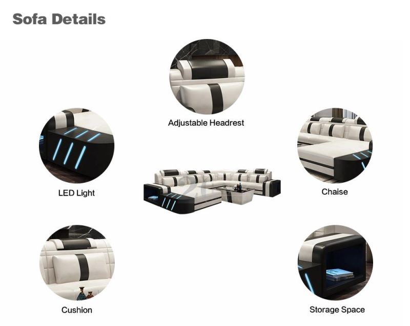 Unique Personality LED Living Room Leather Sofa Leisure Italian U Shape Furniture Set for Home Office Hotel