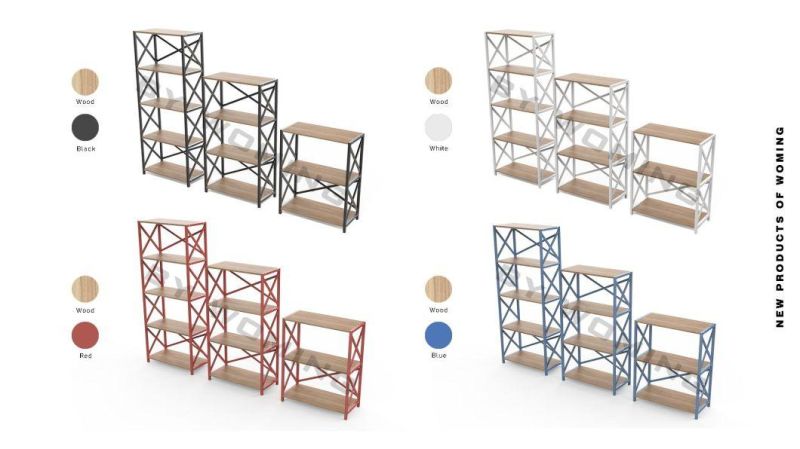 Living Room Furniture Bookcase Industrial Metal Frame Rack MDF Wooden Narrow Leaning Ladder Book Shelf Home Bookshelf
