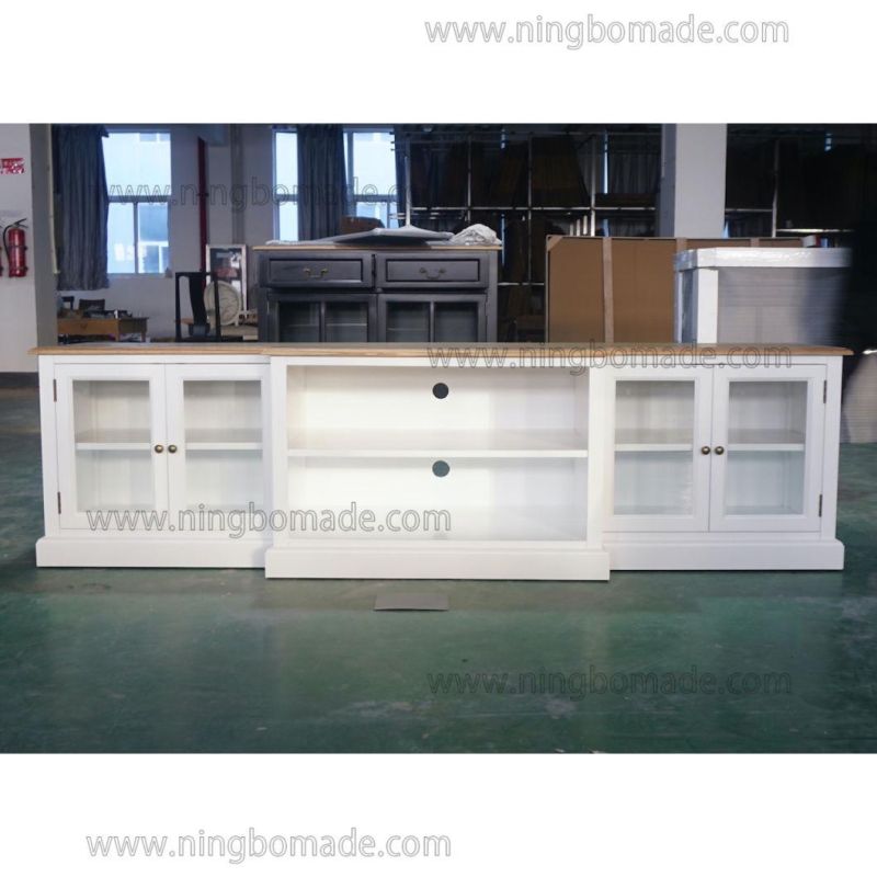 French Provincial Hunter Furniture Natural Ash Top Pure White Poplar Wood Base 4 Glass Doors TV Stand